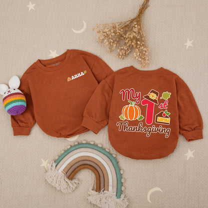 Custom My First Thanksgiving Baby Romper - Pumpkin Turkey Outfit