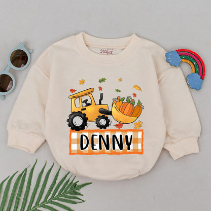 Pumpkin Bulldozer Baby Romper: Personalized Thanksgiving Outfit