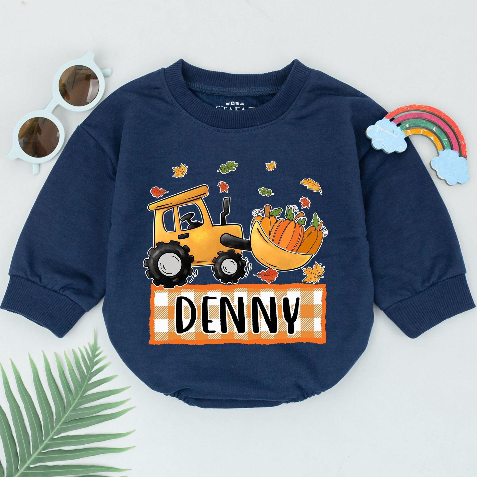 Pumpkin Bulldozer Baby Romper: Personalized Thanksgiving Outfit