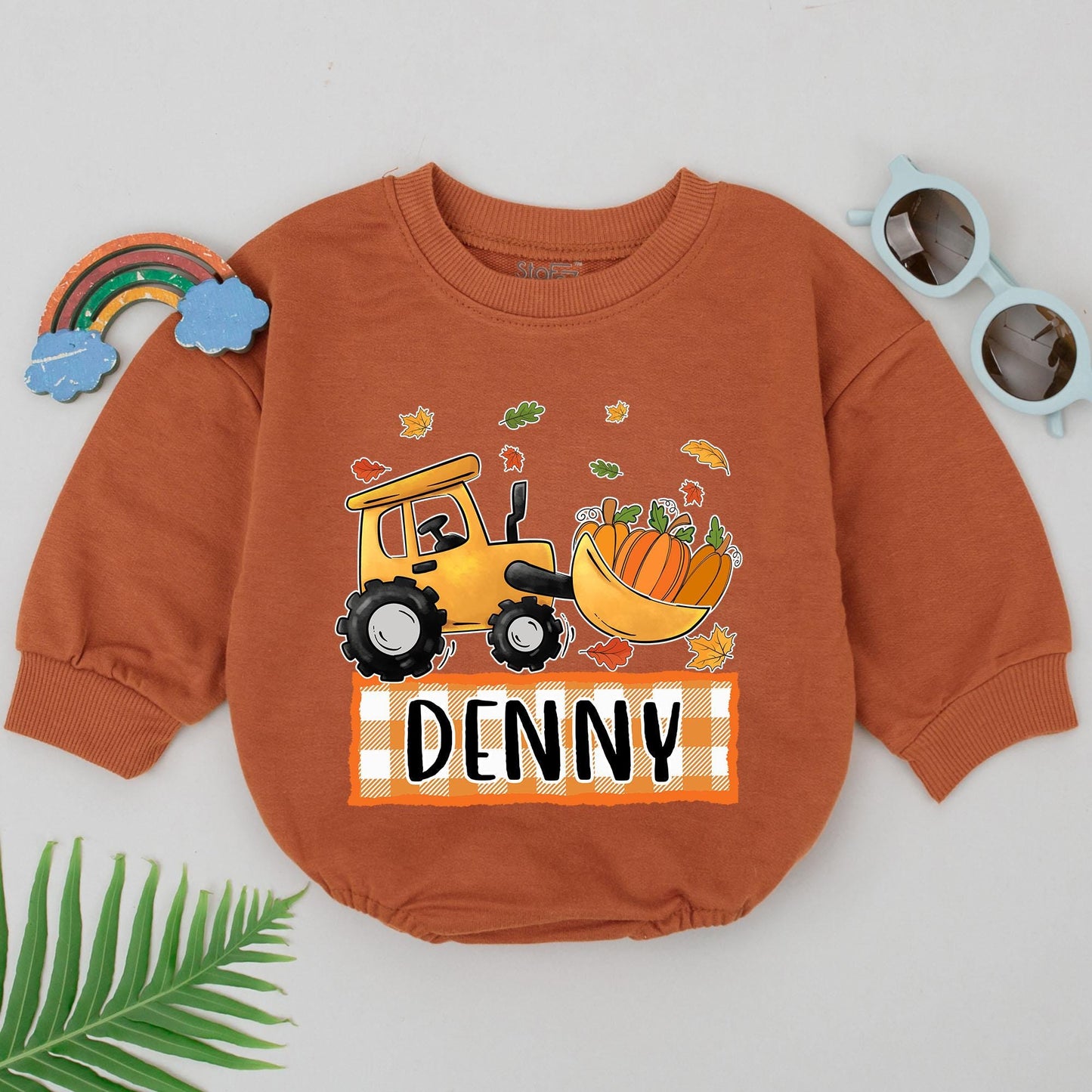 Pumpkin Bulldozer Baby Romper: Personalized Thanksgiving Outfit