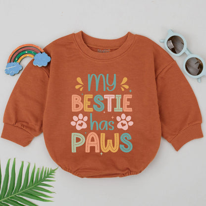 Retro Bestie Has Paws Romper for Baby Sweet Orange Green Peach Pet Lover Outfit Adorable Vintage Charm Puppy Dog Gift