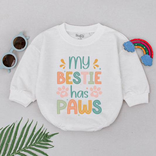 Retro Bestie Has Paws Romper for Baby Sweet Orange Green Peach Pet Lover Outfit Adorable Vintage Charm Puppy Dog Gift