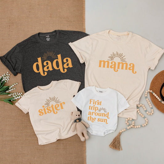 First Trip Around The Sun Matching Family Shirts 1st Birthday Outfit Golden Yellow Retro Sunshine Design Groovy Baby Bodysuit Comfy Cotton Tee