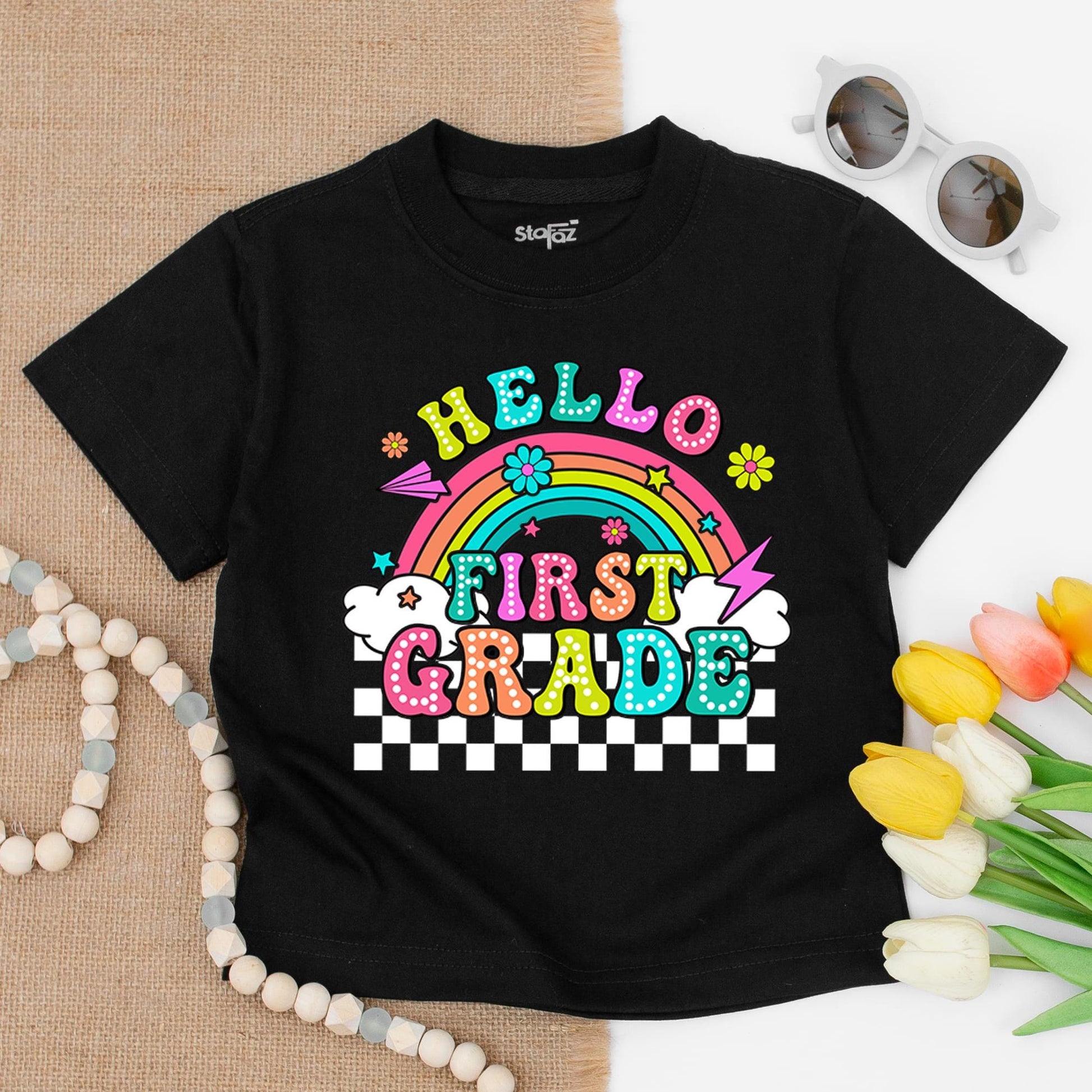 Hello First Grade Rainbow Shirt: Retro 1st Day Tee with Polka Dot Letters & Checkers! Back to School, Kindergarten, Elementary, Cheerful Gift for Kids