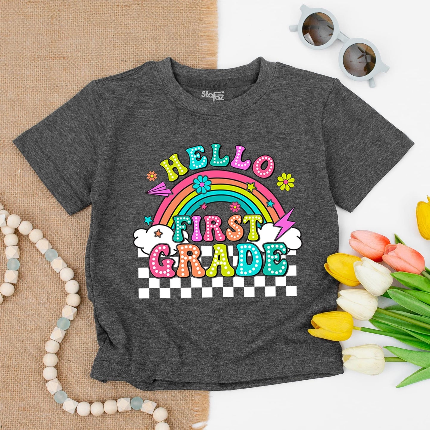 Hello First Grade Rainbow Shirt: Retro 1st Day Tee with Polka Dot Letters & Checkers! Back to School, Kindergarten, Elementary, Cheerful Gift for Kids