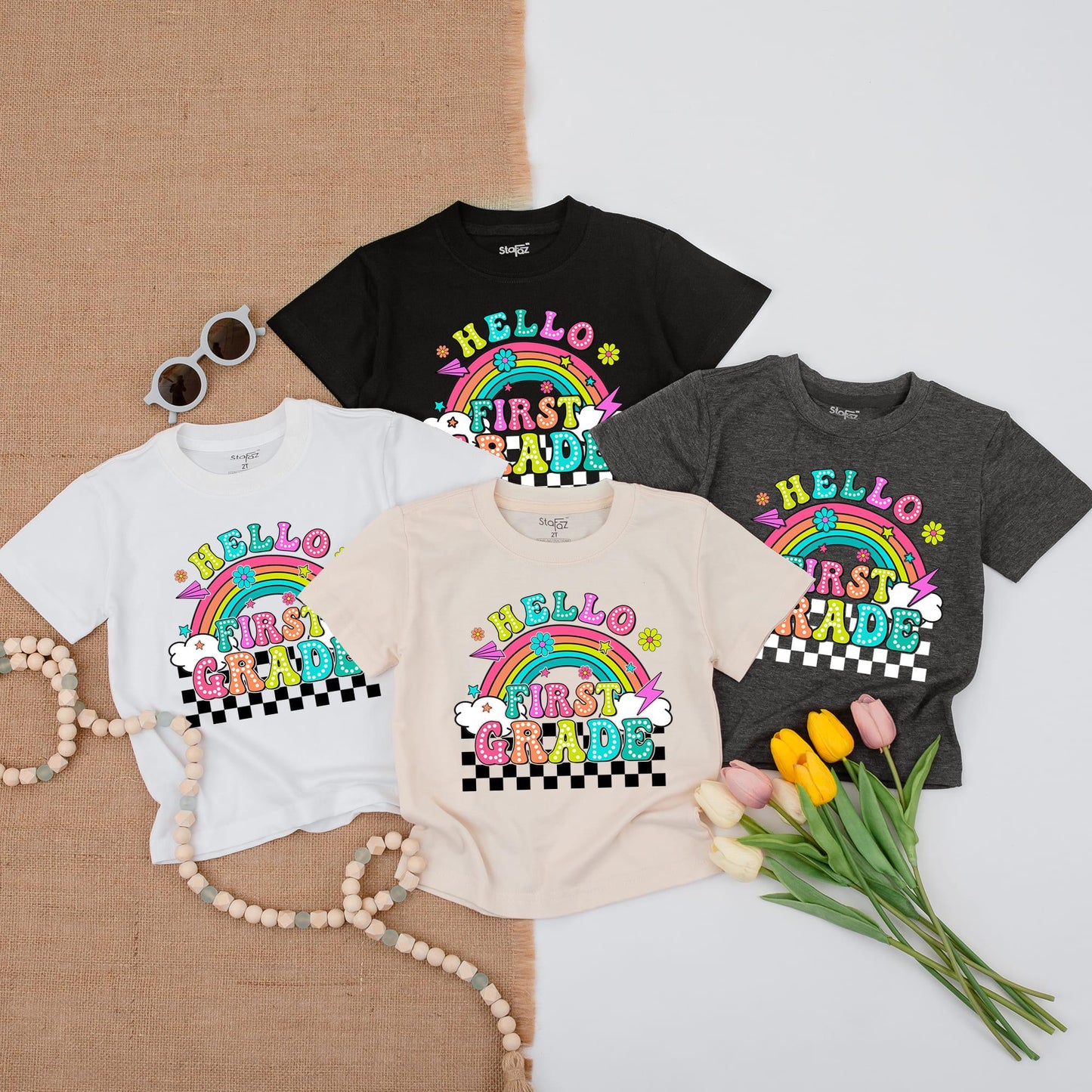 Hello First Grade Rainbow Shirt: Retro 1st Day Tee with Polka Dot Letters & Checkers! Back to School, Kindergarten, Elementary, Cheerful Gift for Kids