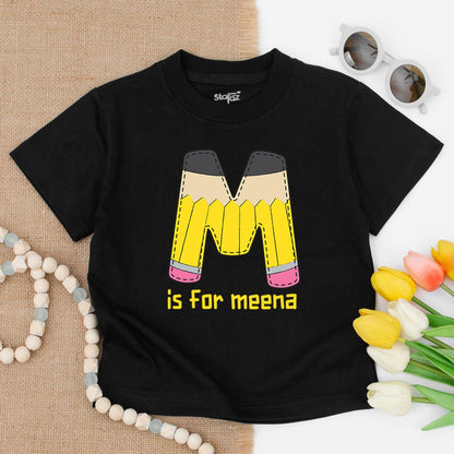 Meena's Personalized Pencil Shirt for School! Cute Initial M Tee for Kindergarten, 1st, 2nd Grade - Back to School Gift, First Day Outfit, Pre-K Too! 