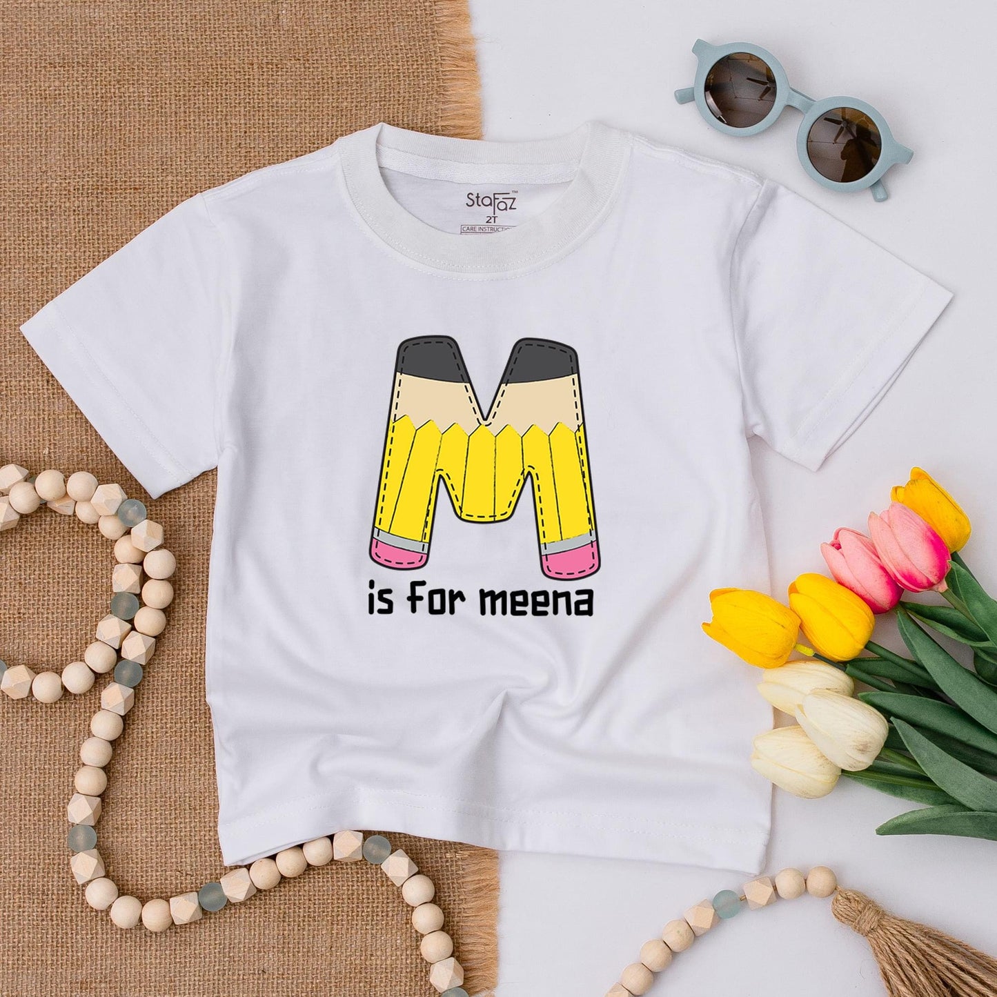 Meena's Personalized Pencil Shirt for School! Cute Initial M Tee for Kindergarten, 1st, 2nd Grade - Back to School Gift, First Day Outfit, Pre-K Too! 