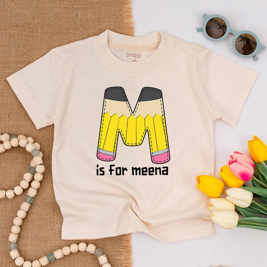 Meena's Personalized Pencil Shirt for School! Cute Initial M Tee for Kindergarten, 1st, 2nd Grade - Back to School Gift, First Day Outfit, Pre-K Too! 