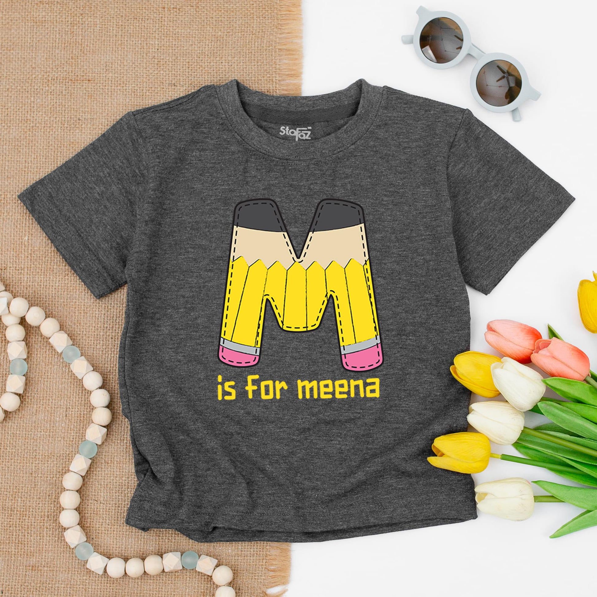 Meena's Personalized Pencil Shirt for School! Cute Initial M Tee for Kindergarten, 1st, 2nd Grade - Back to School Gift, First Day Outfit, Pre-K Too! 