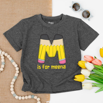Meena's Personalized Pencil Shirt for School! Cute Initial M Tee for Kindergarten, 1st, 2nd Grade - Back to School Gift, First Day Outfit, Pre-K Too! 