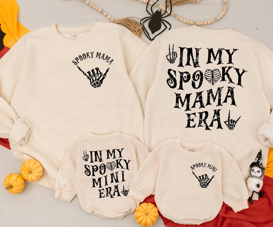 Spooky Mama & Mini Era Matching Sweatshirts Retro Skeleton Hand Halloween Family Outfits Cozy Spooky Season Gift