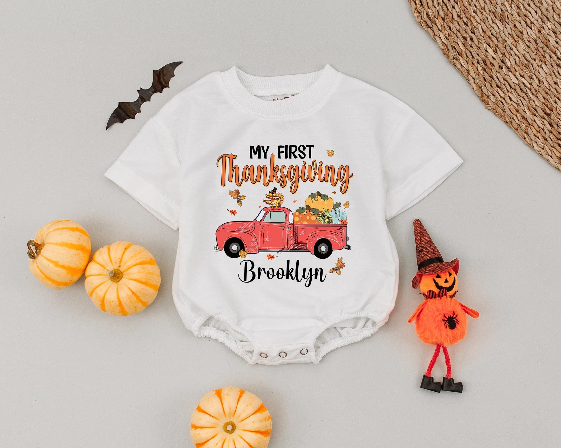 Custom Pumpkin Truck Romper: 1st Thanksgiving & Halloween Outfit