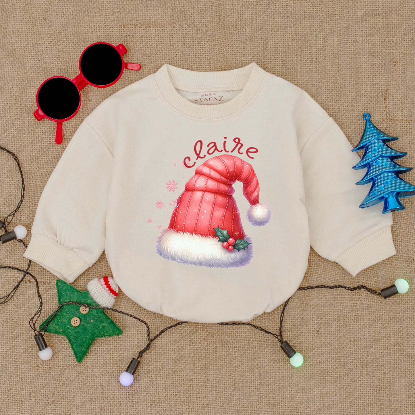 Personalized Baby Christmas Santa Hat Bodysuit Cute Festive Name Bubble Romper Infant First Christmas Shower Gift Outfit Red White Holly Snowflake Design