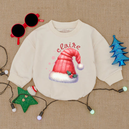 Personalized Baby Christmas Santa Hat Bodysuit Cute Festive Name Bubble Romper Infant First Christmas Shower Gift Outfit Red White Holly Snowflake Design