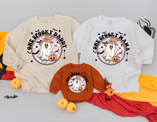 Personalized Spooky Dude Retro Ghost Halloween Sweatshirt Mommy and Me Spooky One