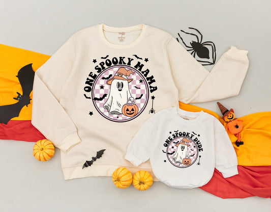 Personalized Spooky Dude Retro Ghost Halloween Sweatshirt Mommy and Me Spooky One