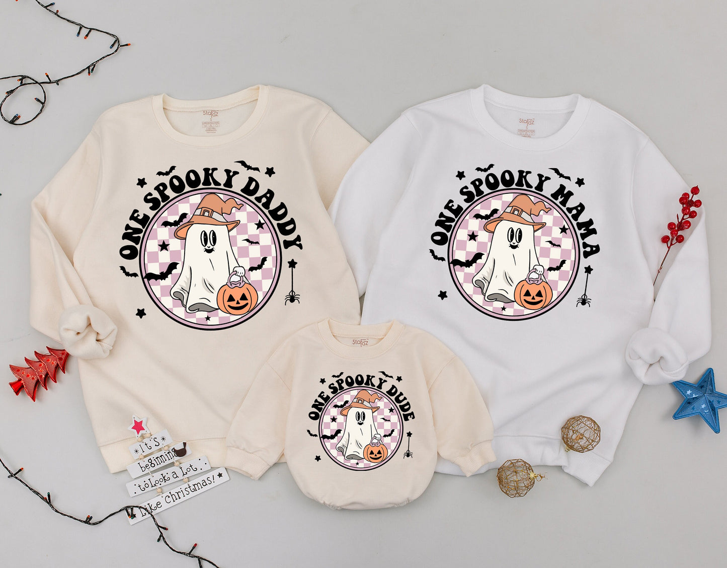 Personalized Spooky Dude Retro Ghost Halloween Sweatshirt Mommy and Me Spooky One