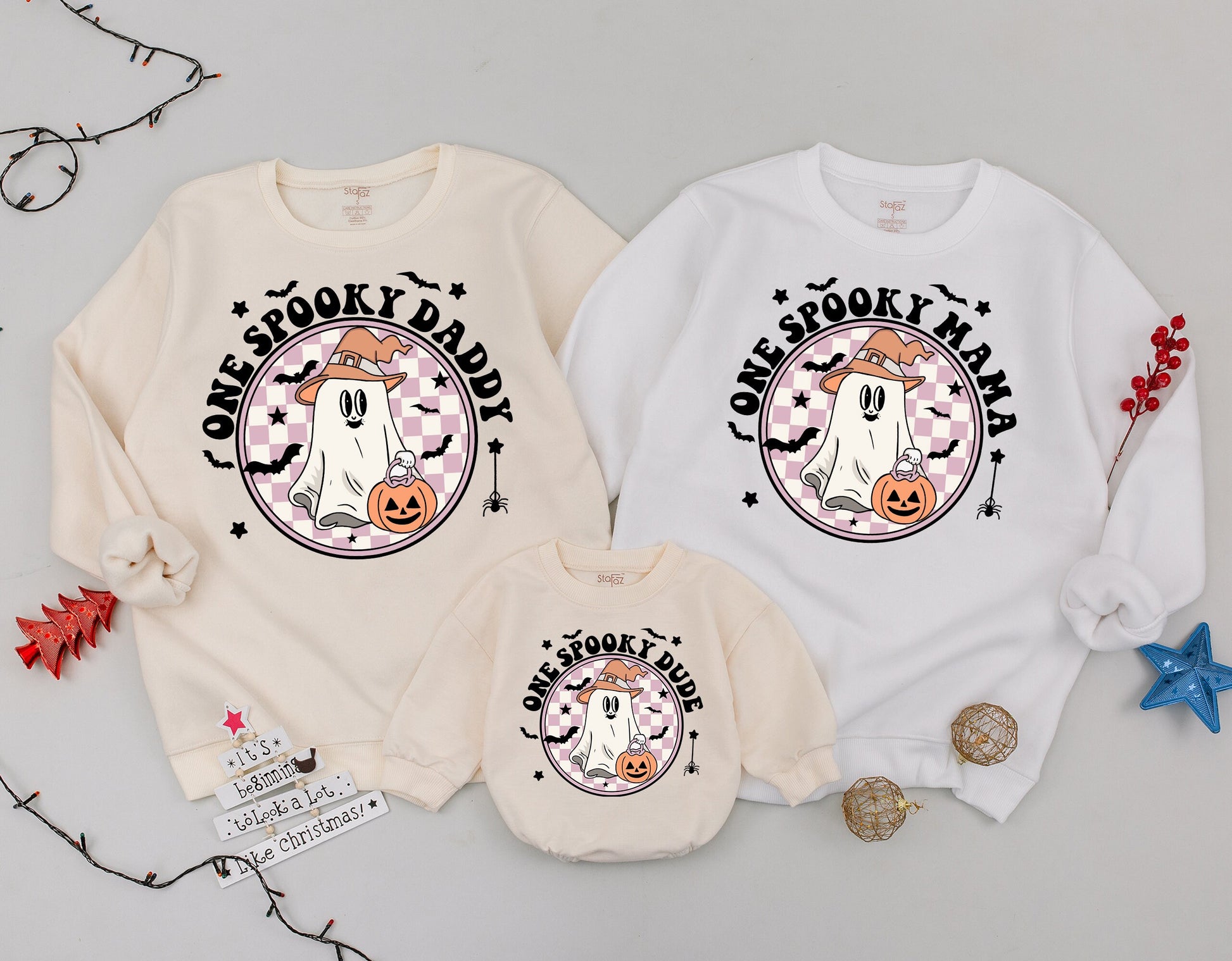 Personalized Spooky Dude Retro Ghost Halloween Sweatshirt Mommy and Me Spooky One