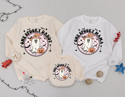 Personalized Spooky Dude Retro Ghost Halloween Sweatshirt Mommy and Me Spooky One