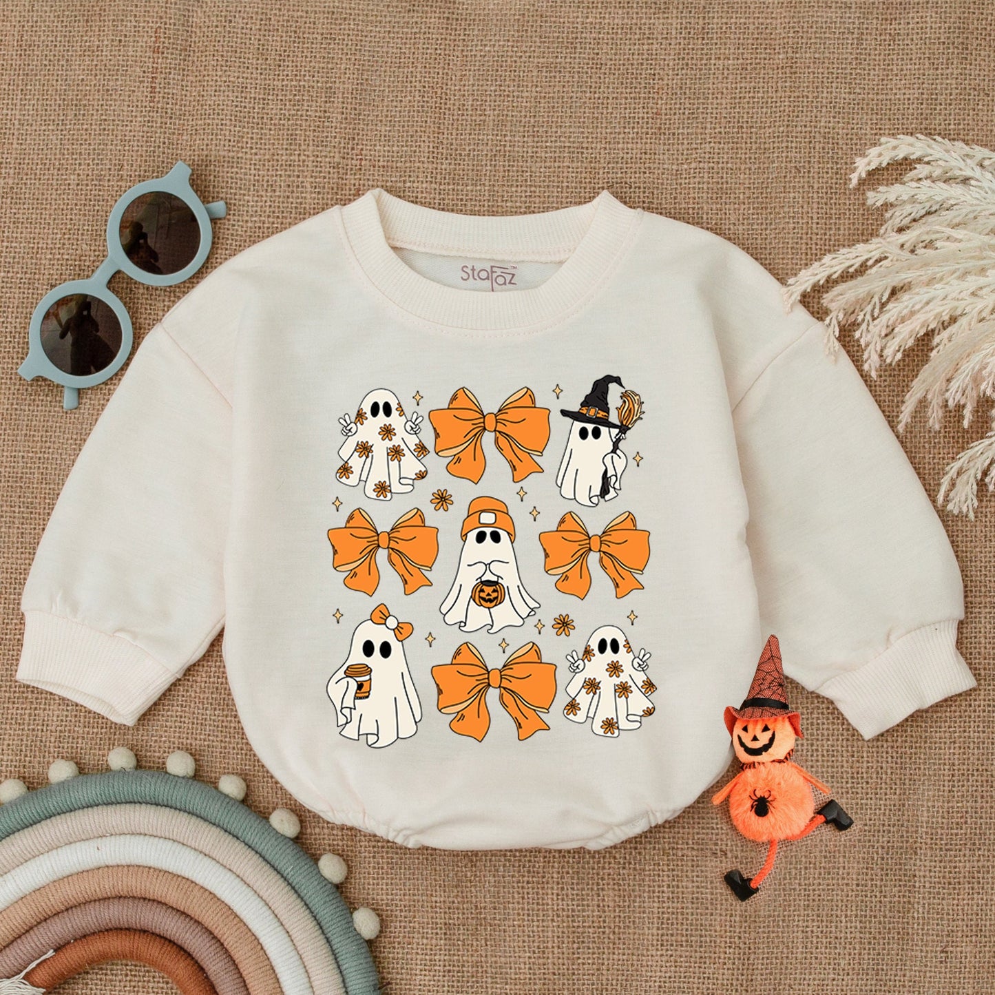 Cute Ghost Halloween Baby Romper with Retro Bows, Spooky Orange Grid Design Bodysuit, Soft Cotton Outfit Perfect for Spooky Season Baby Costume Gifts