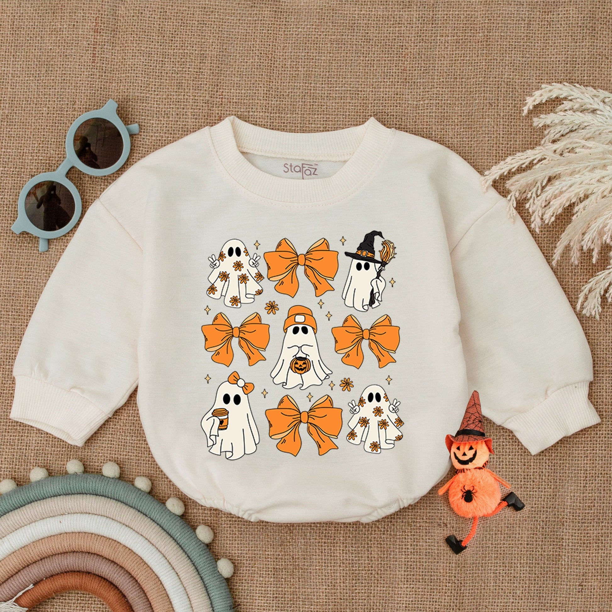 Cute Ghost Halloween Baby Romper with Retro Bows, Spooky Orange Grid Design Bodysuit, Soft Cotton Outfit Perfect for Spooky Season Baby Costume Gifts