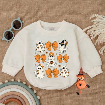 Cute Ghost Halloween Baby Romper with Retro Bows, Spooky Orange Grid Design Bodysuit, Soft Cotton Outfit Perfect for Spooky Season Baby Costume Gifts