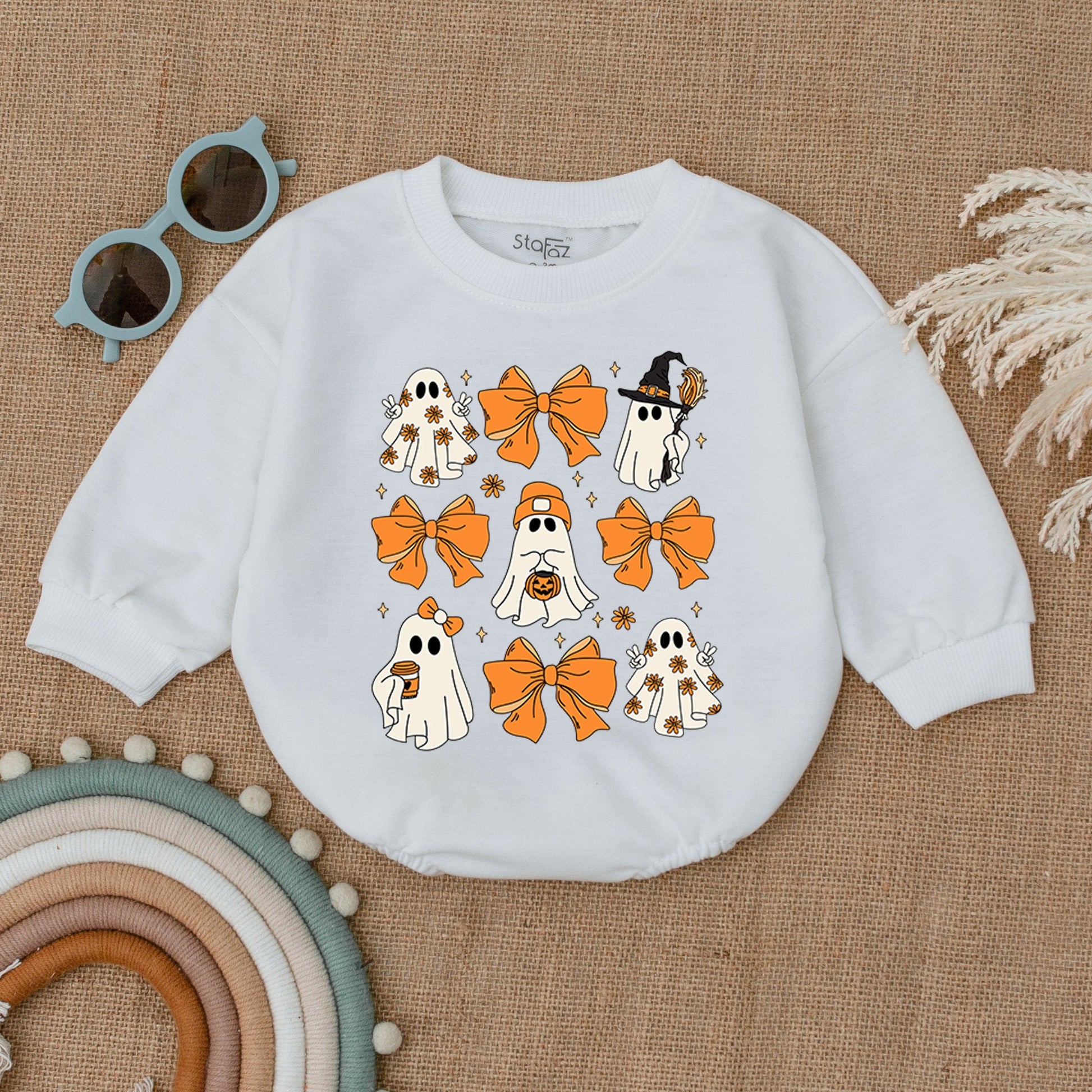 Cute Ghost Halloween Baby Romper with Retro Bows, Spooky Orange Grid Design Bodysuit, Soft Cotton Outfit Perfect for Spooky Season Baby Costume Gifts