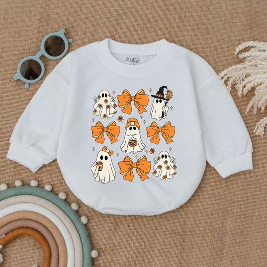 Cute Ghost Halloween Baby Romper with Retro Bows, Spooky Orange Grid Design Bodysuit, Soft Cotton Outfit Perfect for Spooky Season Baby Costume Gifts