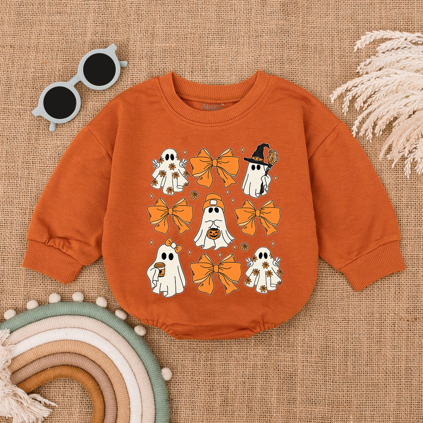 Cute Ghost Halloween Baby Romper with Retro Bows, Spooky Orange Grid Design Bodysuit, Soft Cotton Outfit Perfect for Spooky Season Baby Costume Gifts