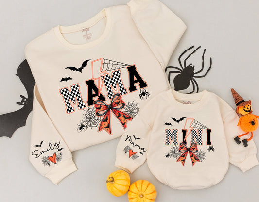 Spooky Mama Halloween Sweatshirt Matching Mini Bat Spider Checkered Orange Bow Retro Cozy Fall Gift
