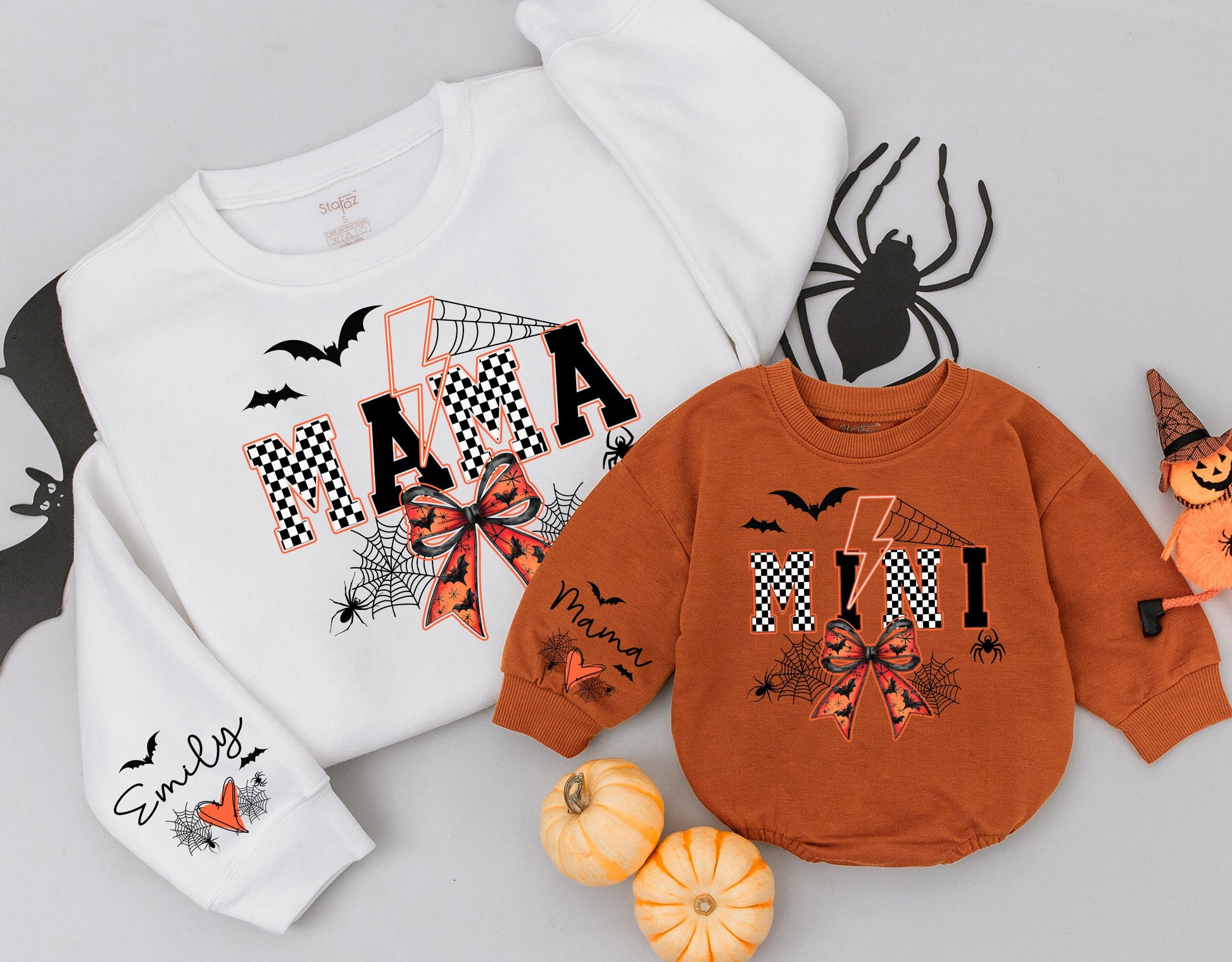 Spooky Mama Halloween Sweatshirt Matching Mini Bat Spider Checkered Orange Bow Retro Cozy Fall Gift