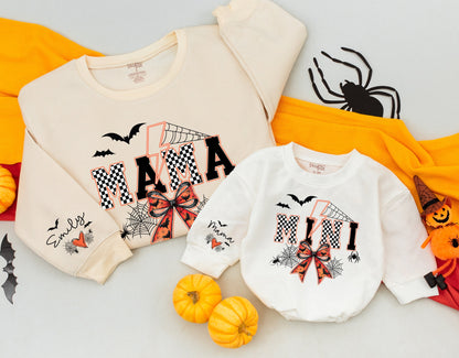 Spooky Mama Halloween Sweatshirt Matching Mini Bat Spider Checkered Orange Bow Retro Cozy Fall Gift