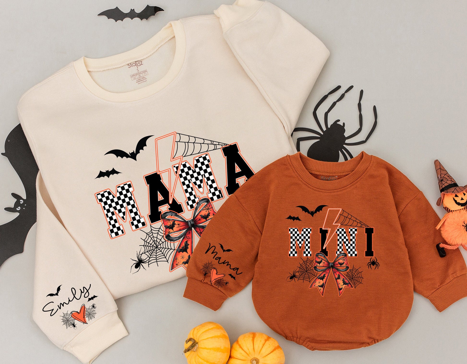 Spooky Mama Halloween Sweatshirt Matching Mini Bat Spider Checkered Orange Bow Retro Cozy Fall Gift