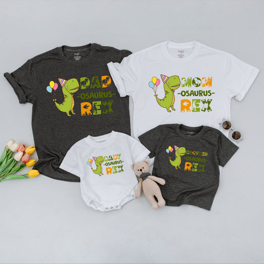 Custom Matching Family Dinosaur Birthday Shirts with Fun Cartoon T-Rex Design for Mom Dad Baby Kids Toddler Party Outfit