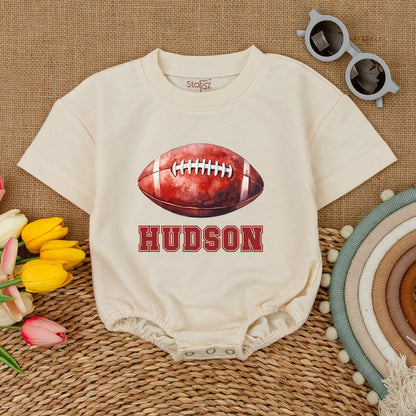 Personalized Hudson Football Baby Romper, Vintage Varsity Game Day Bodysuit, Custom Name Outfit, Classic Sporty Shower Gift, Red & White 135