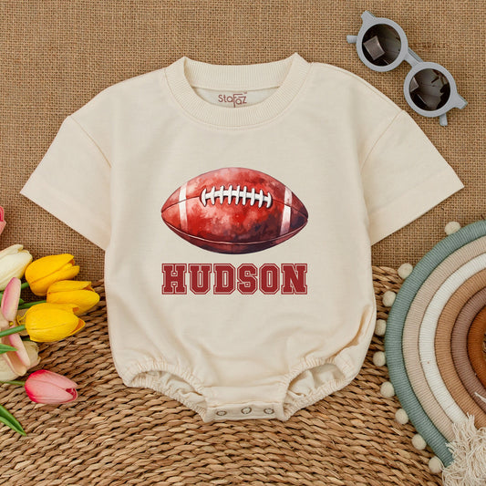 Personalized Hudson Football Baby Romper, Vintage Varsity Game Day Bodysuit, Custom Name Outfit, Classic Sporty Shower Gift, Red & White 135