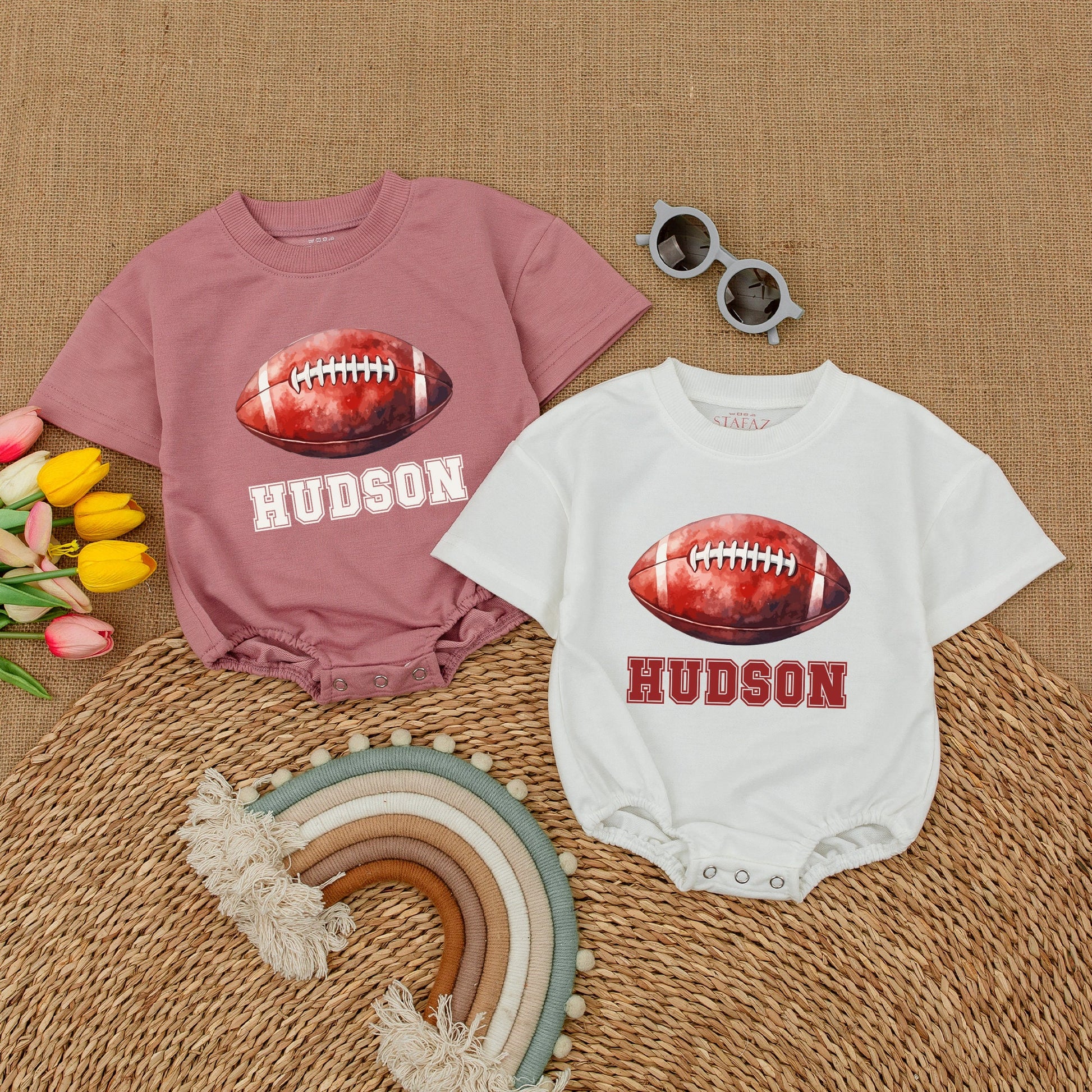 Personalized Hudson Football Baby Romper, Vintage Varsity Game Day Bodysuit, Custom Name Outfit, Classic Sporty Shower Gift, Red & White 135