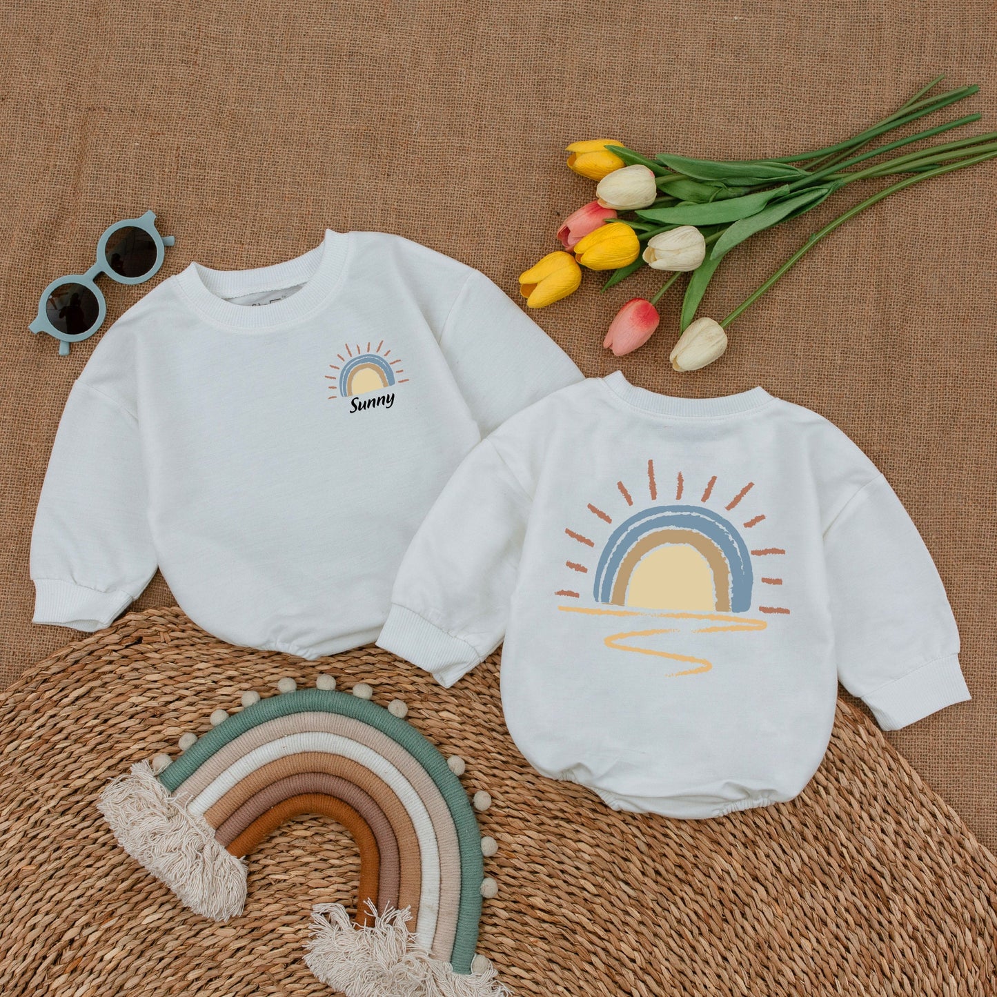 Custom Name Retro Sunshine Baby Romper Newborn Bubble Bodysuit Outfit Boho Little Sunshine Baby Shower Gift Cute Coming Home Soft Cotton Apparel