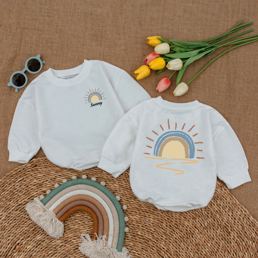 Custom Name Retro Sunshine Baby Romper Newborn Bubble Bodysuit Outfit Boho Little Sunshine Baby Shower Gift Cute Coming Home Soft Cotton Apparel