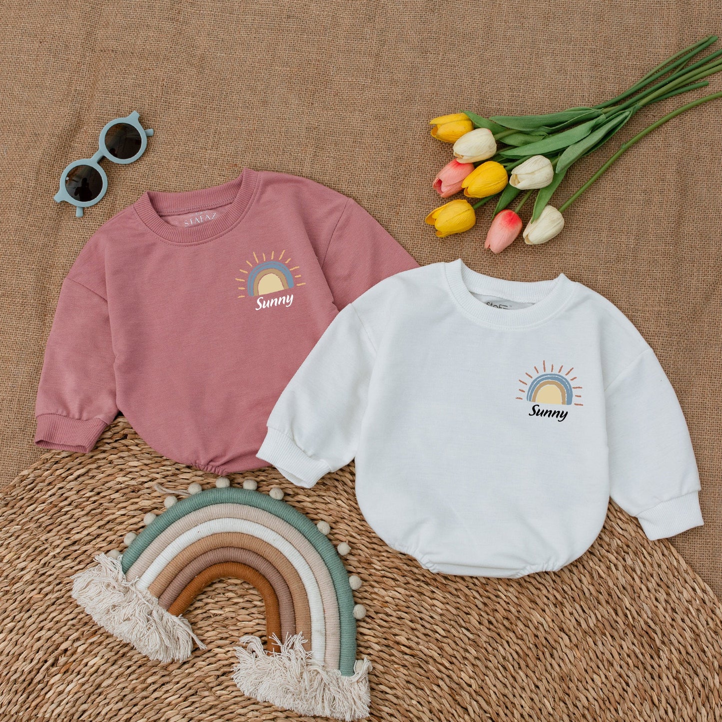 Custom Name Retro Sunshine Baby Romper Newborn Bubble Bodysuit Outfit Boho Little Sunshine Baby Shower Gift Cute Coming Home Soft Cotton Apparel