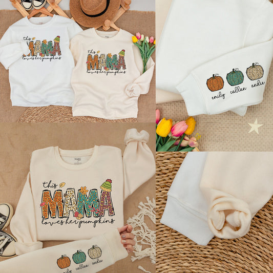 This Mama Loves Her Pumpkins Sweatshirt Autumn Vibes Personalized Mama Gift with Kid Names Cozy Fall Vibes