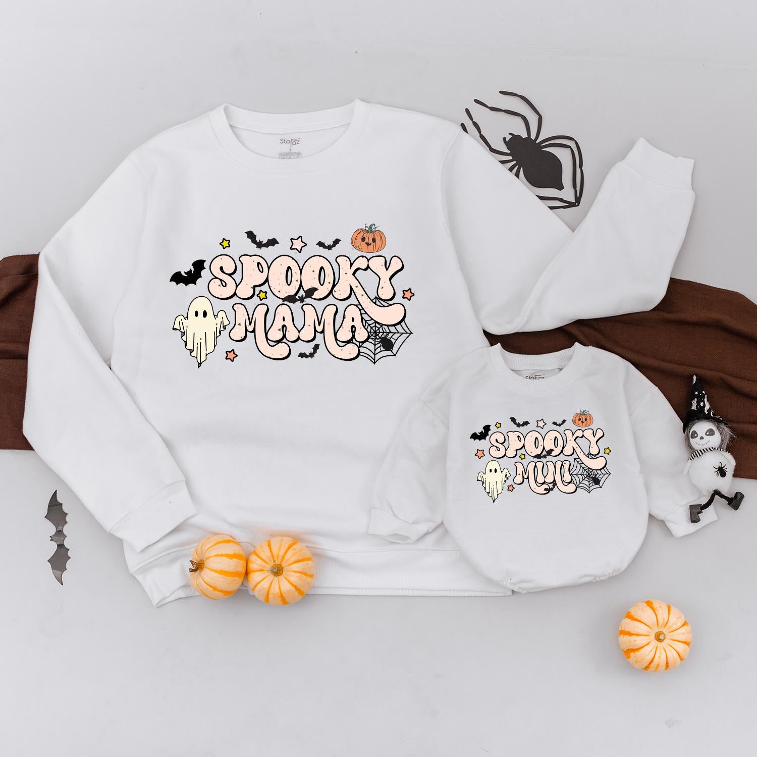 Spooky Mama & Mini Matching Sweatshirts: Halloween Family Outfits with Cartoon Bats, Pumpkin & Ghosts, Playful Orange & Black Sweater, Spooky Season Gift 