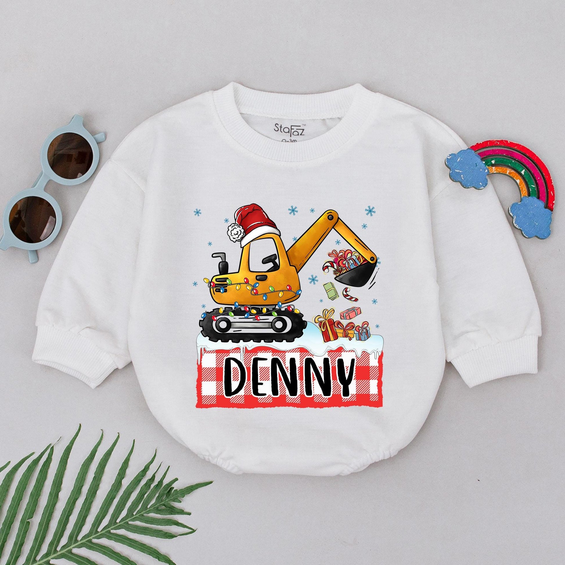 Custom Name Christmas Excavator Romper: Baby's 1st Xmas Outfit Gift