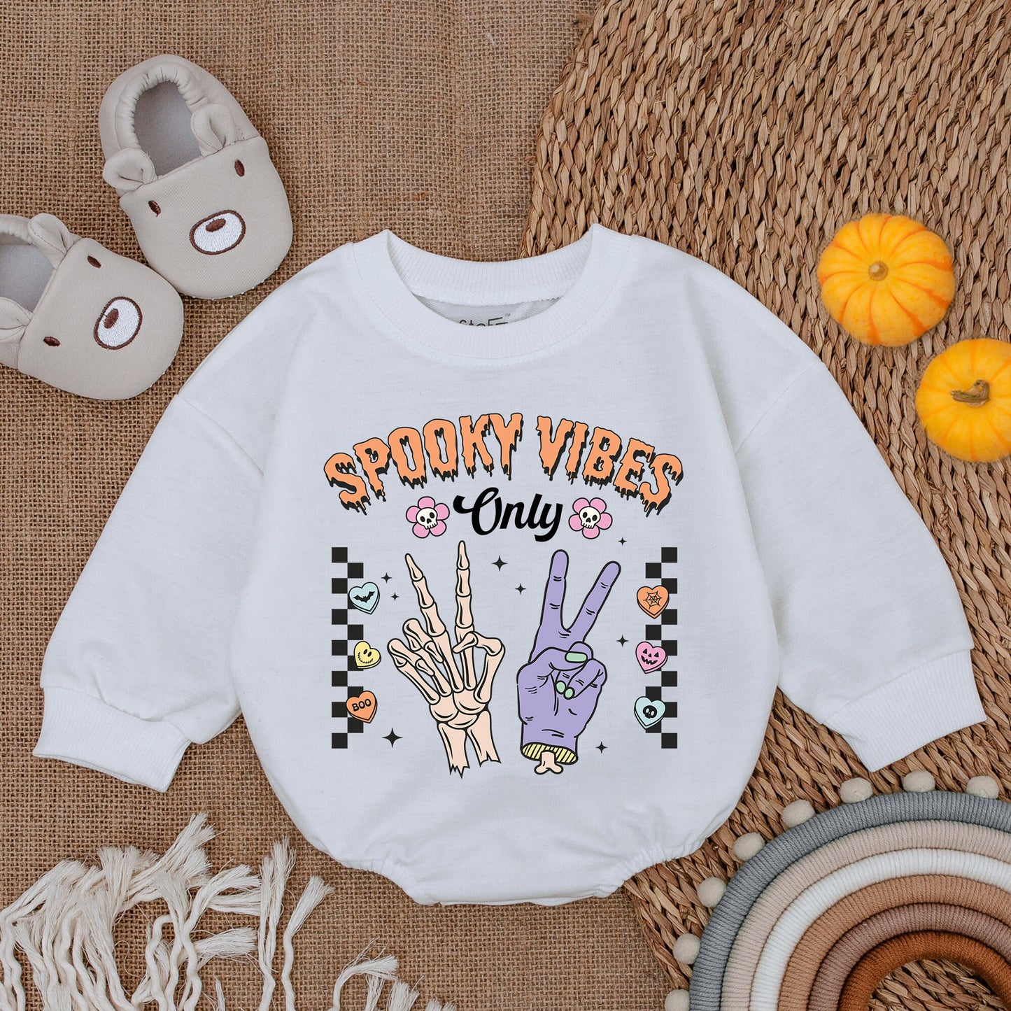 Spooky Vibes Only Halloween Baby Girl Bodysuit First Halloween Outfit Cute Vintage Skull Flowers Romper Bubble
