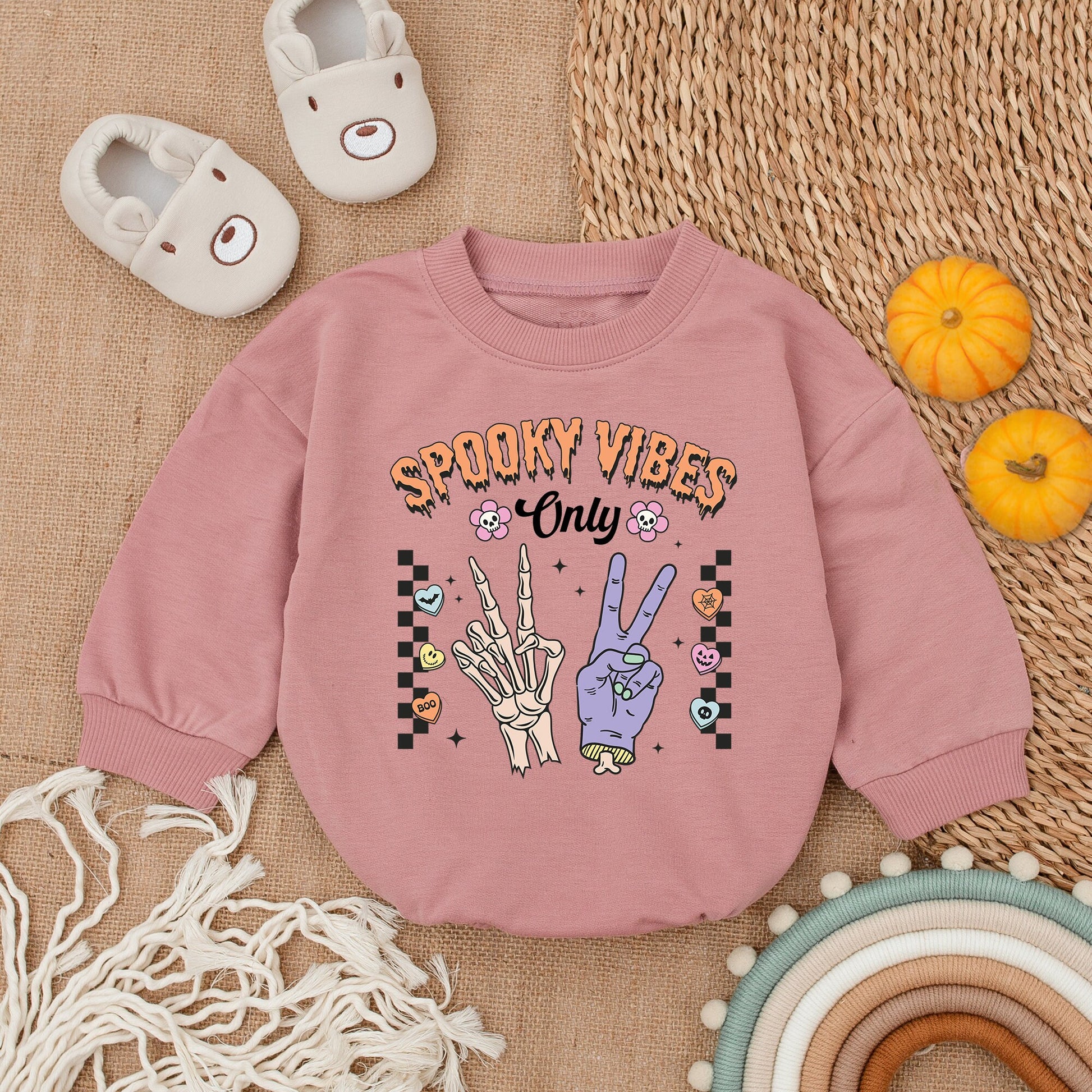 Spooky Vibes Only Halloween Baby Girl Bodysuit First Halloween Outfit Cute Vintage Skull Flowers Romper Bubble