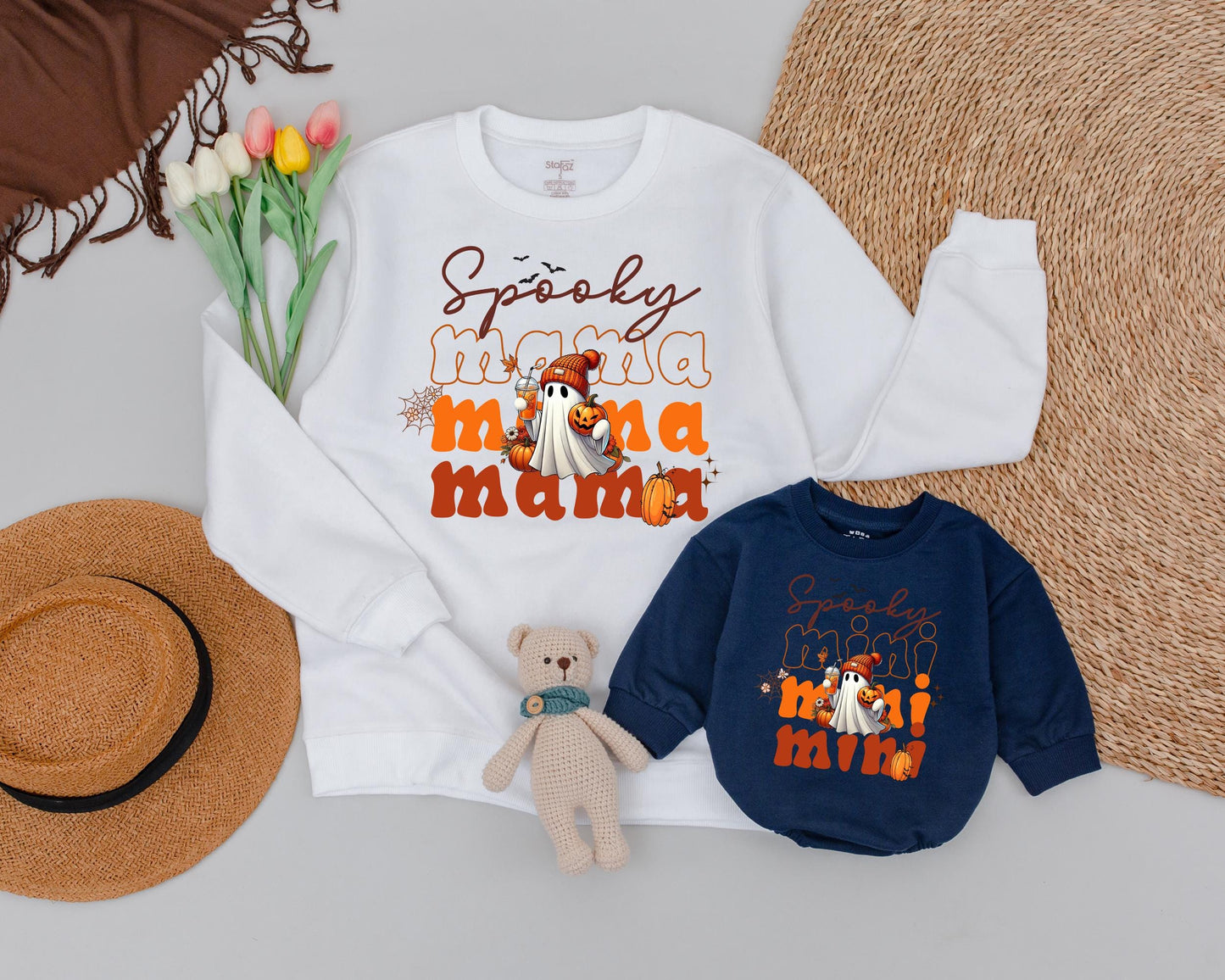 Retro Halloween Family Sweater: Cute Ghosts for Mom and Baby