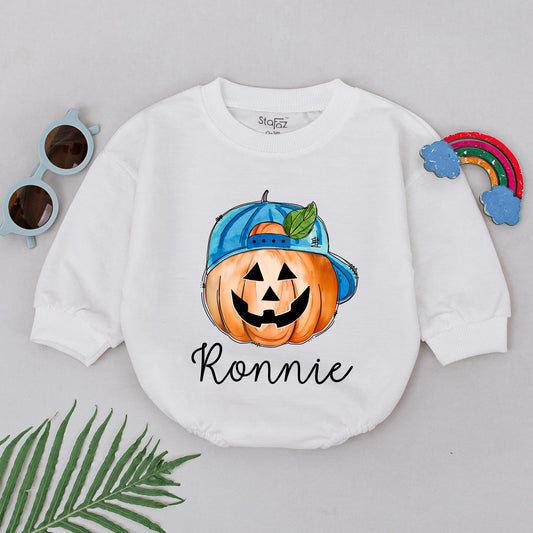 Personalized Ronnie's First Halloween Romper, Cute Pumpkin Baby Outfit with Blue Cap, Spooky Season Bodysuit, Baby Shower Gift, Newborn Boy Clothes (139 chars)