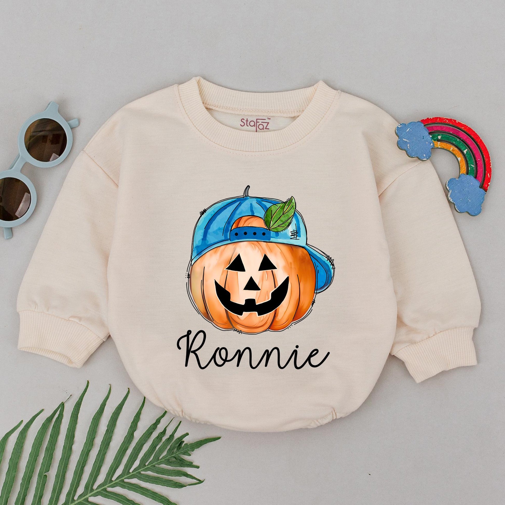 Personalized Ronnie's First Halloween Romper, Cute Pumpkin Baby Outfit with Blue Cap, Spooky Season Bodysuit, Baby Shower Gift, Newborn Boy Clothes (139 chars)