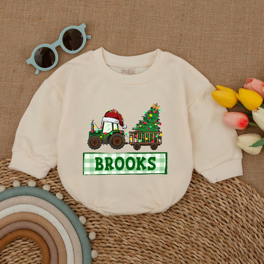 Personalized Tractor Christmas Romper for Baby Boy First Christmas Outfit Custom Name Winter Clothes Christmas Baby Shower Gift Red & Green Newborn Clothes
